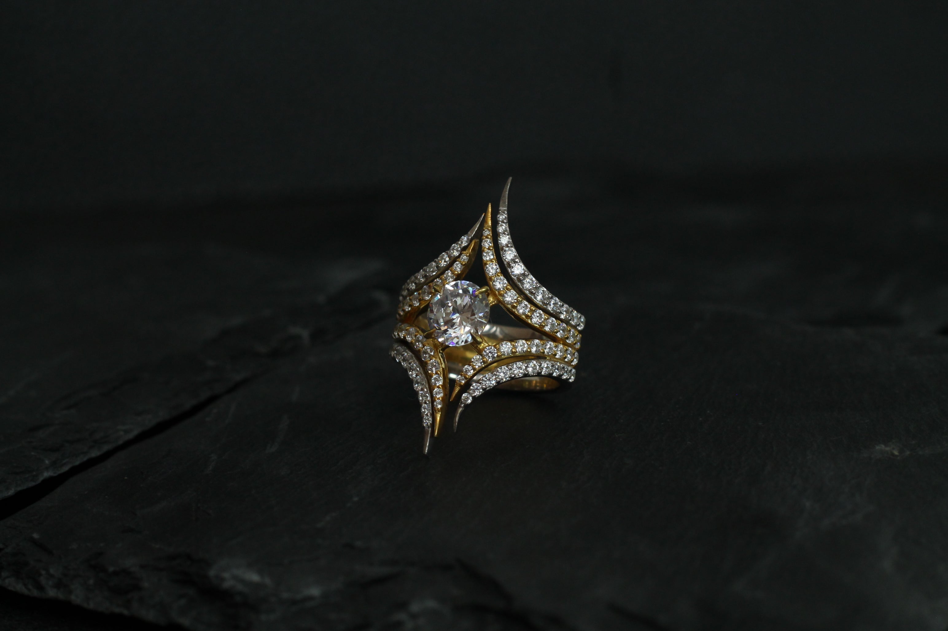 1 Carat Round Cut Center Diamond Two Color Spike Ring | 14k White & Yellow Gold | Statement Ring