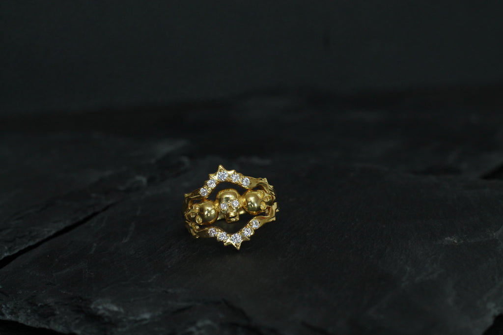 14k Yellow Gold Triple Skull Ring | Statement Ring