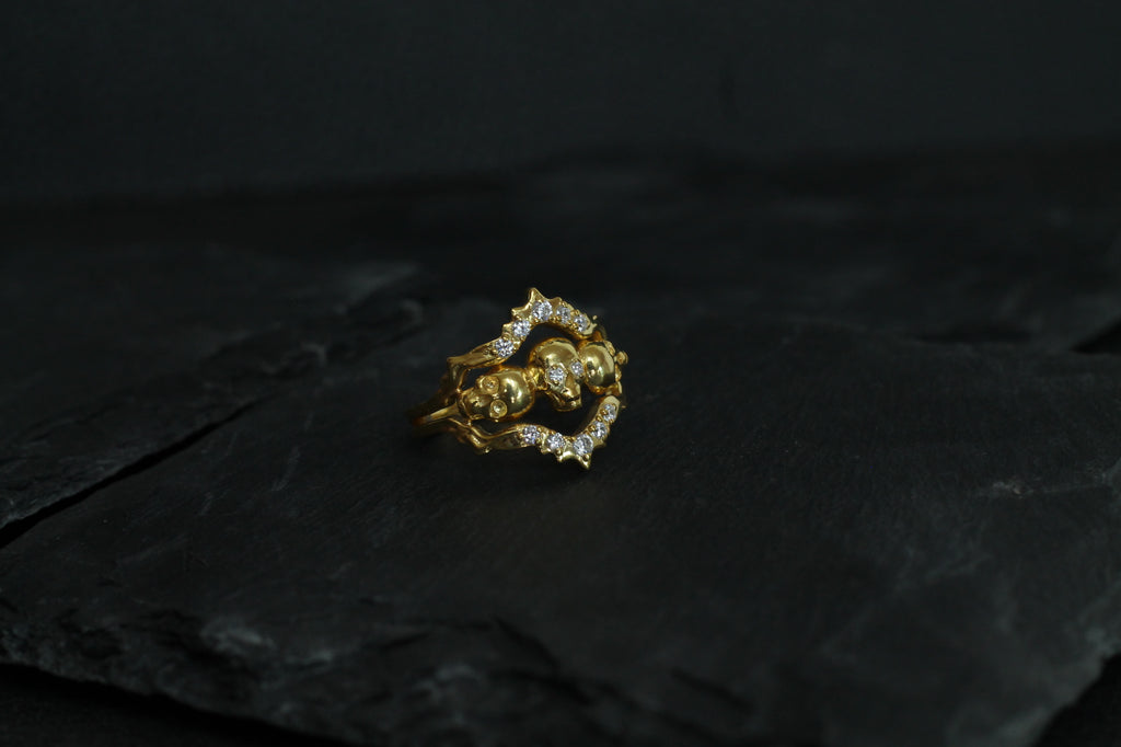 14k Yellow Gold Triple Skull Ring | Statement Ring