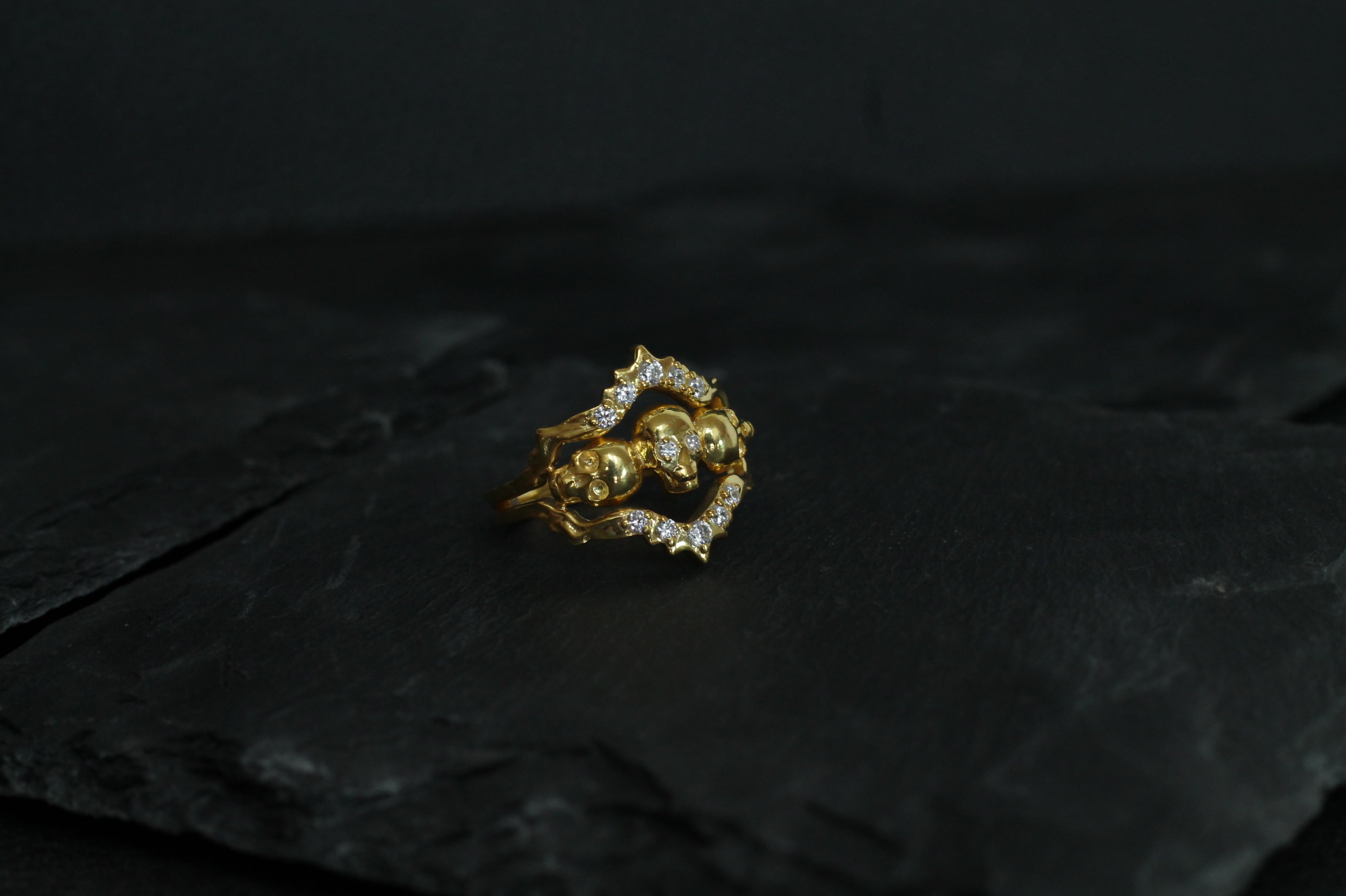 14k Yellow Gold Triple Skull Ring | Statement Ring