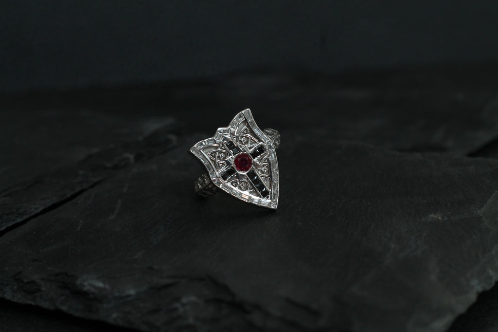 Ruby & Diamond Shield Ring | 14k White Gold | Statement Ring