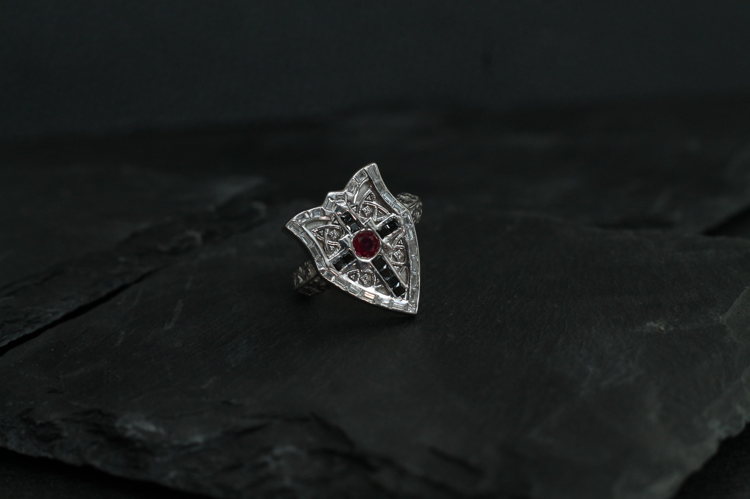 Ruby & Diamond Shield Ring | 14k White Gold | Statement Ring
