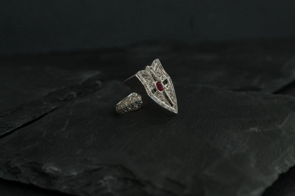 Ruby & Diamond Shield Ring | 14k White Gold | Statement Ring