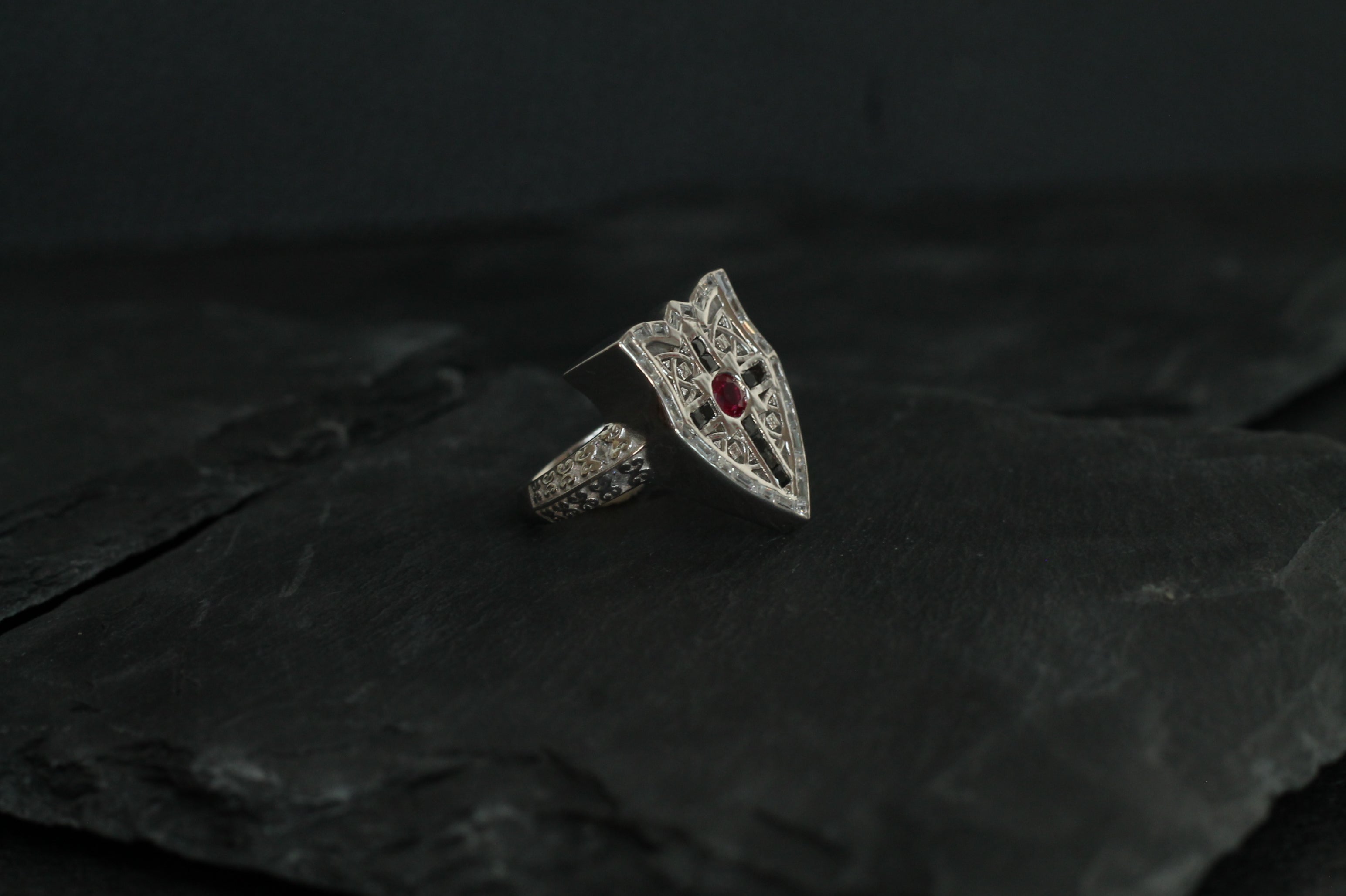 Ruby & Diamond Shield Ring | 14k White Gold | Statement Ring