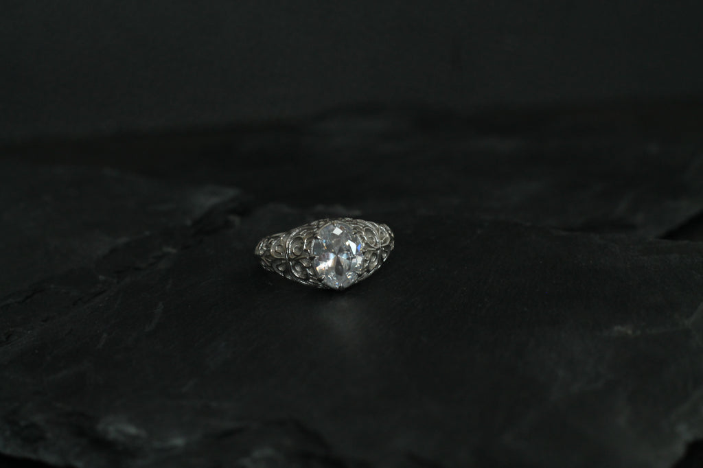 1 Carat Oval Cut Diamond Pattern Ring | 14k White Gold | Engagement Signet Style Ring