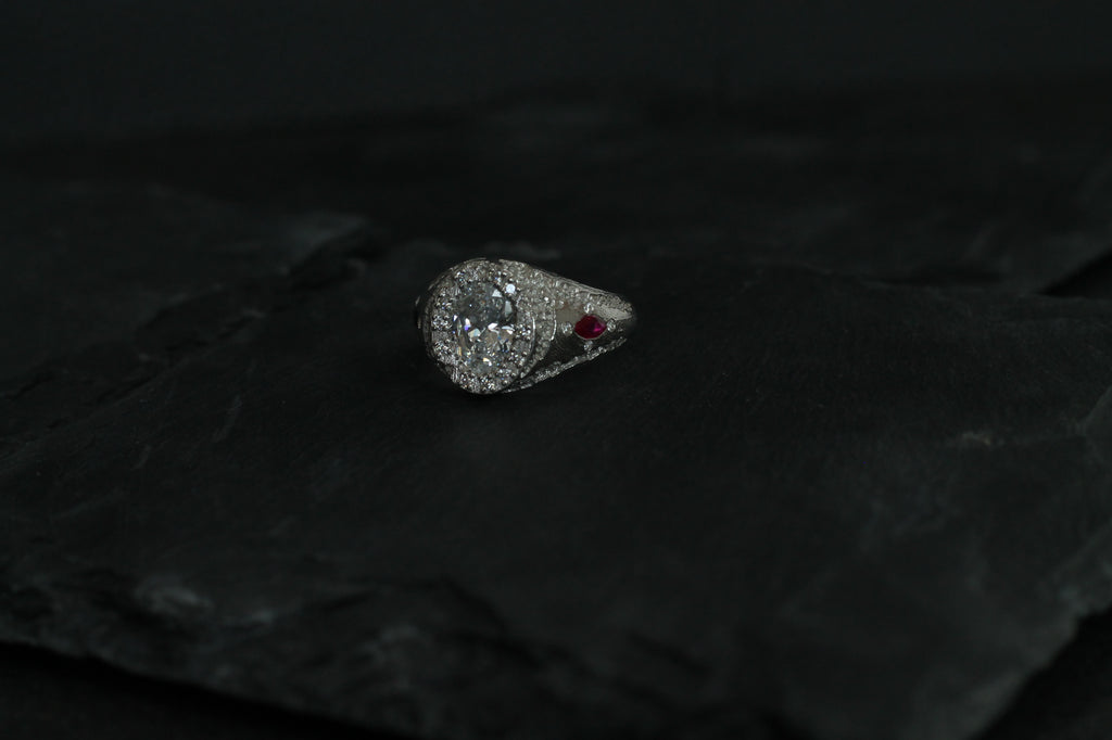 1 Carat Oval Cut Diamond Eroded Ring | 14k White Gold | Signet Ring