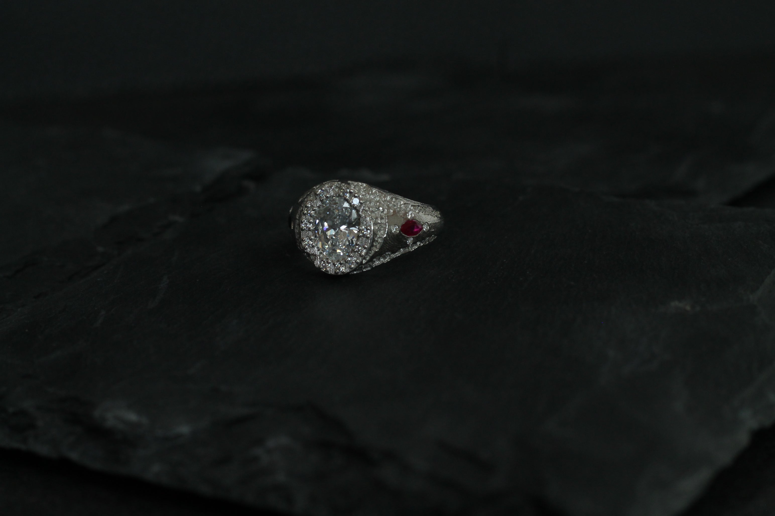 1 Carat Oval Cut Diamond Eroded Ring | 14k White Gold | Signet Ring