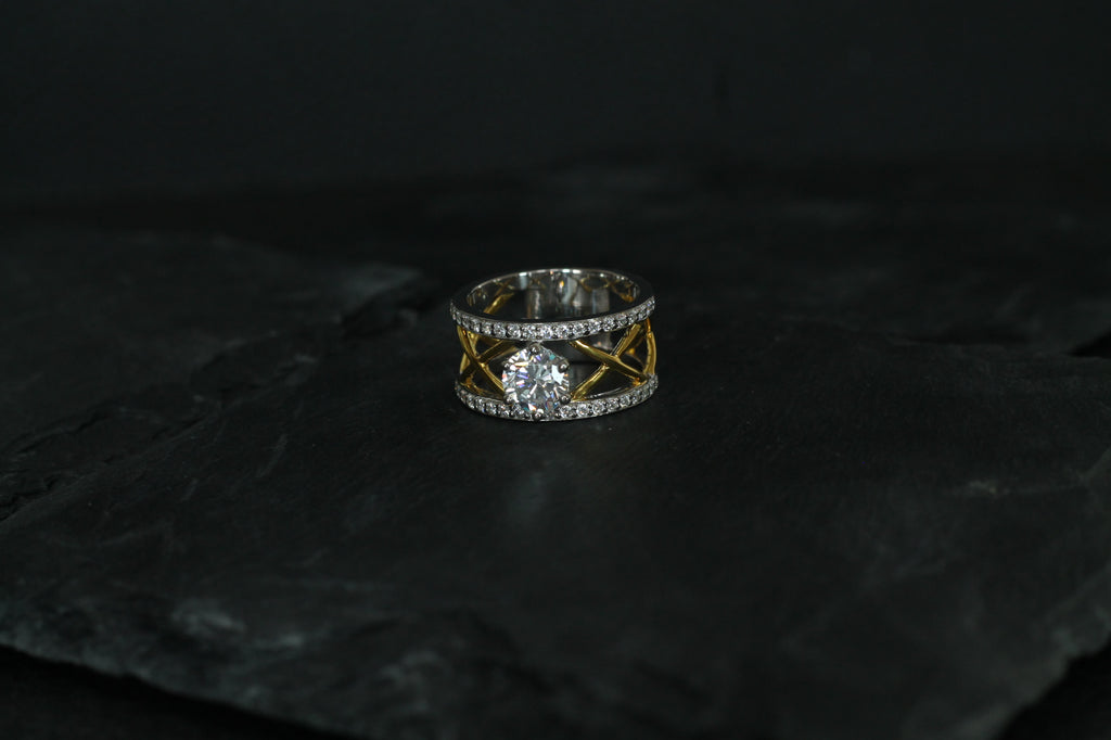 1 Carat Round Cut Center Diamond Two Color "Mesh" Ring | 14k White & Yellow Gold | Statement Engagement Ring
