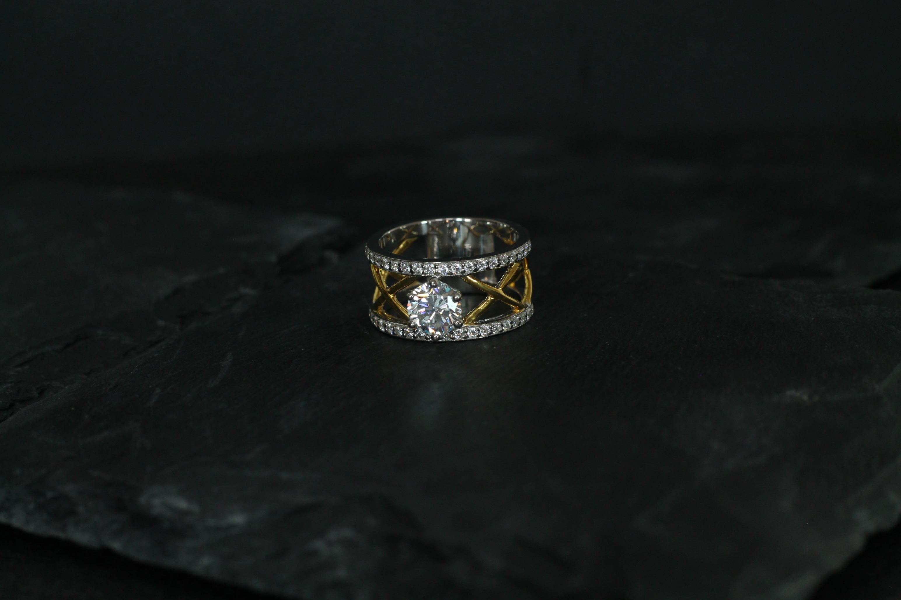 1 Carat Round Cut Center Diamond Two Color "Mesh" Ring | 14k White & Yellow Gold | Statement Engagement Ring