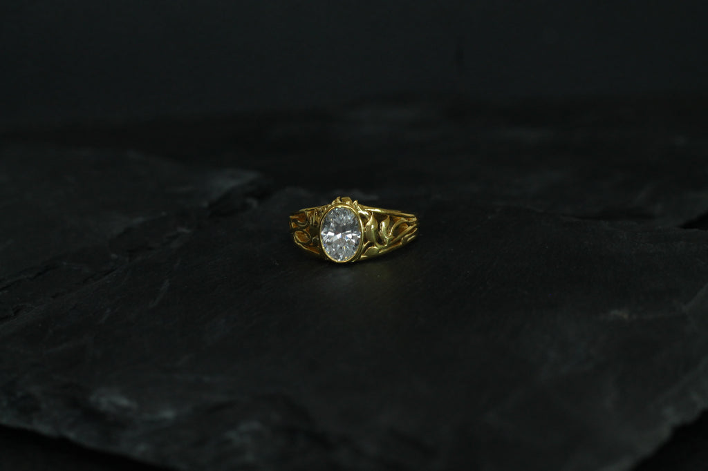 1 Carat Oval Cut Diamond "Forest" Ring | 14k Yellow Gold | Engagement Signet Style Ring