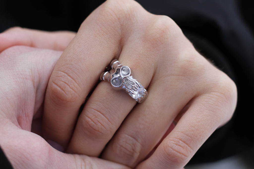 1 Carat Round Diamond Screaming Skull Ring | 14k White Gold | Statement Ring