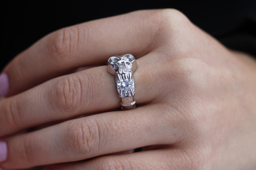 1 Carat Round Diamond Screaming Skull Ring | 14k White Gold | Statement Ring