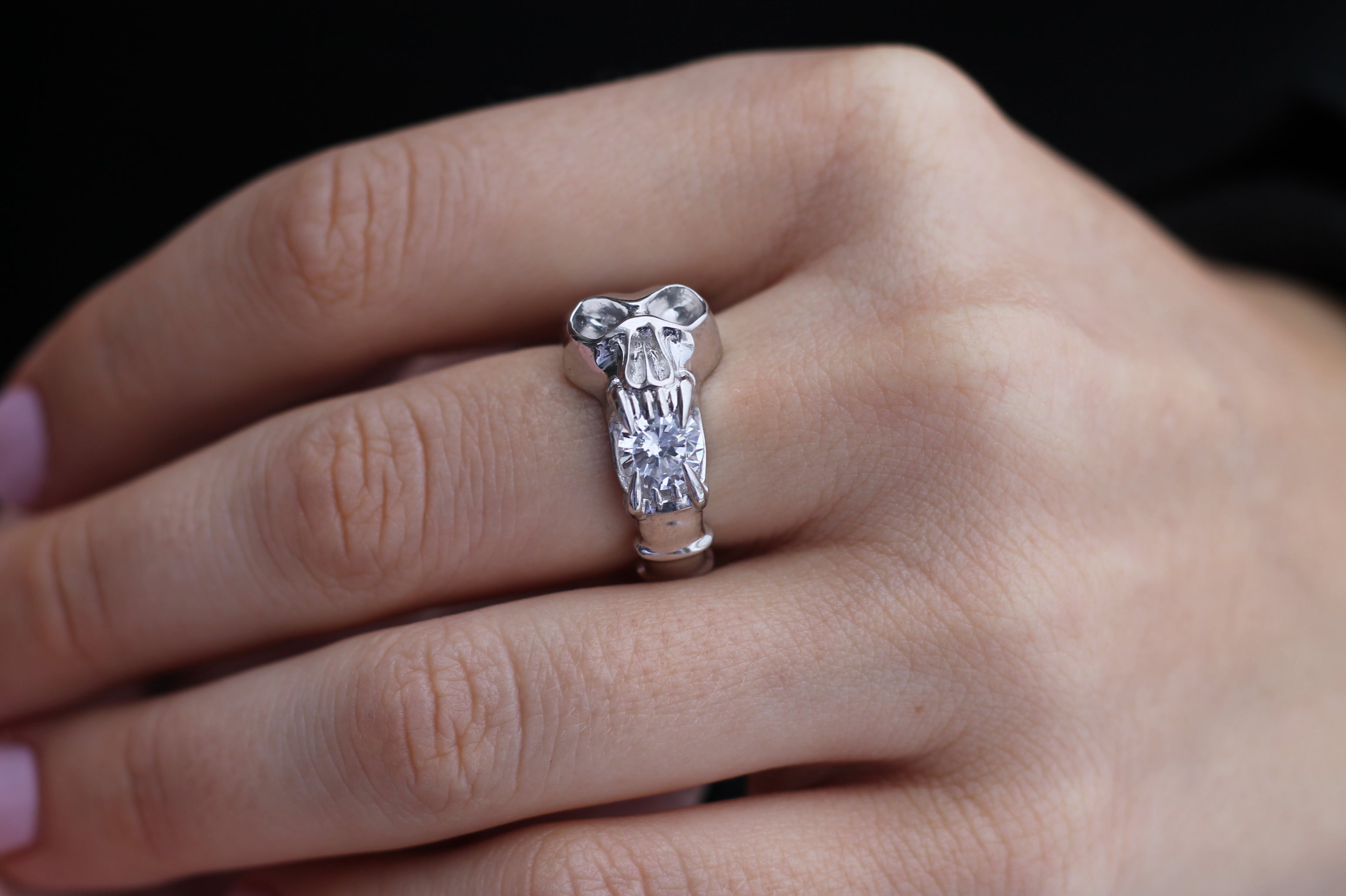 1 Carat Round Diamond Screaming Skull Ring | 14k White Gold | Statement Ring