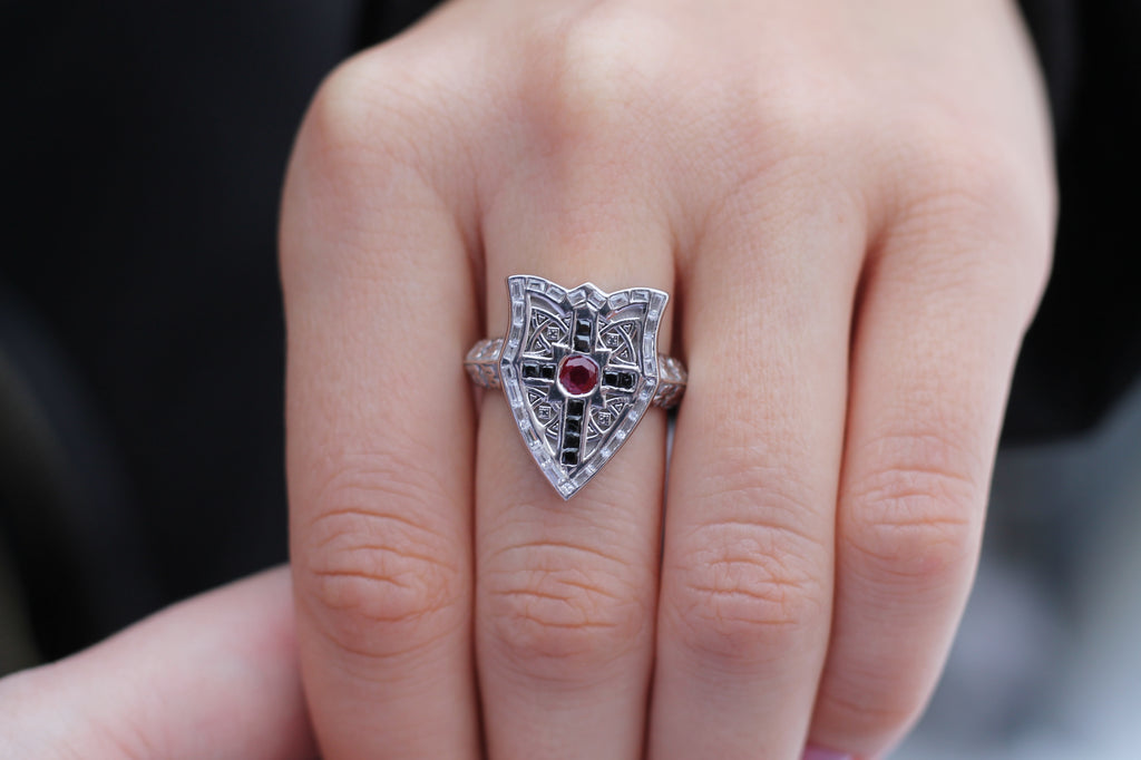 Ruby & Diamond Shield Ring | 14k White Gold | Statement Ring