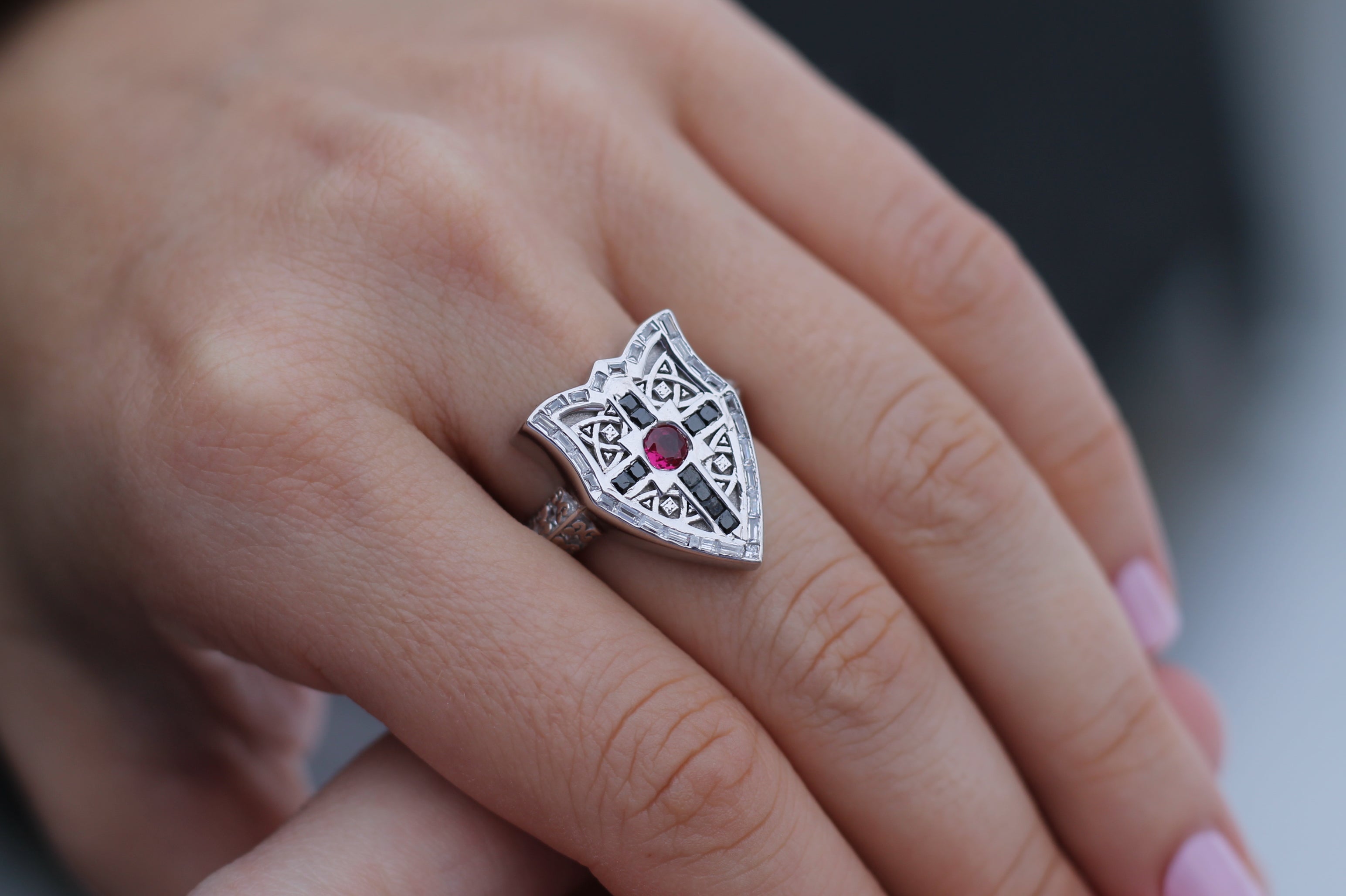 Ruby & Diamond Shield Ring | 14k White Gold | Statement Ring