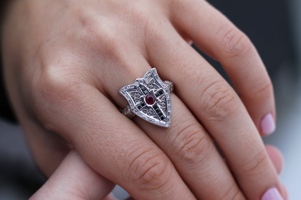 Ruby & Diamond Shield Ring | 14k White Gold | Statement Ring