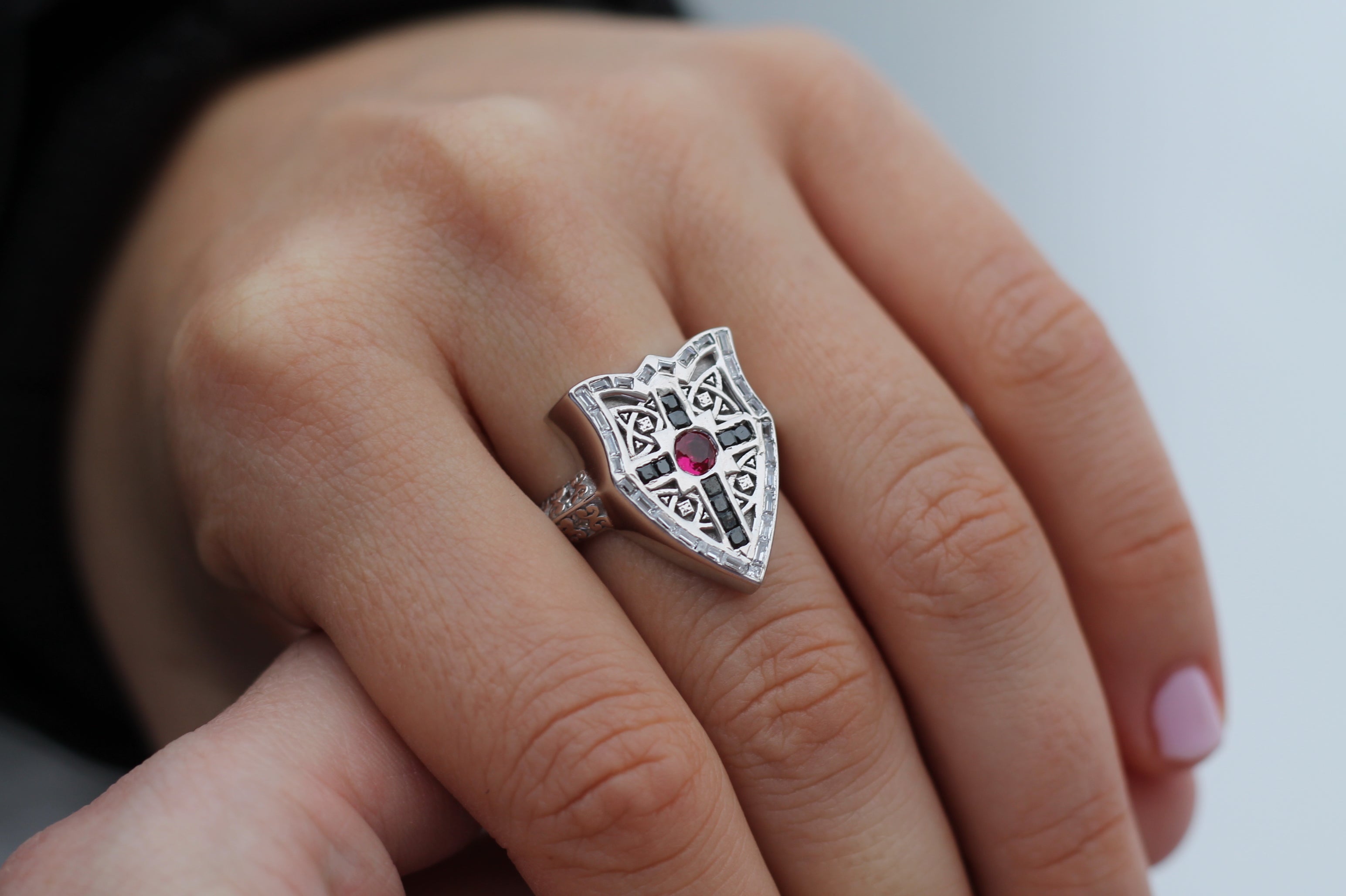 Ruby & Diamond Shield Ring | 14k White Gold | Statement Ring
