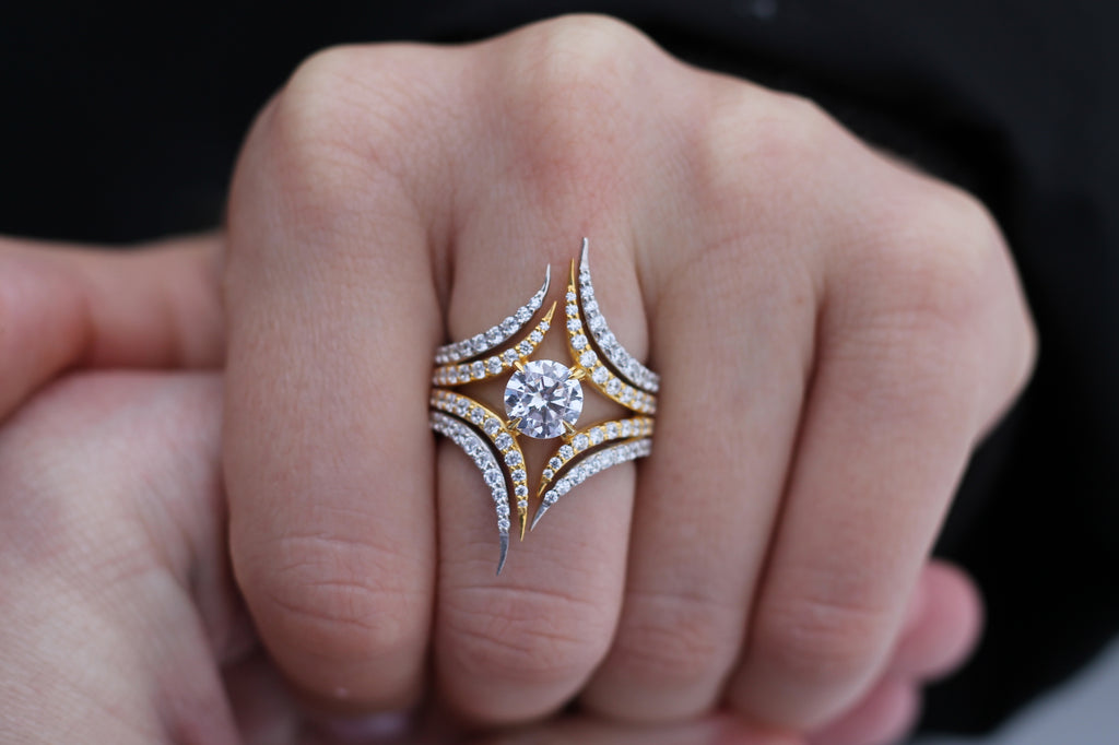 1 Carat Round Cut Center Diamond Two Color Spike Ring | 14k White & Yellow Gold | Statement Ring
