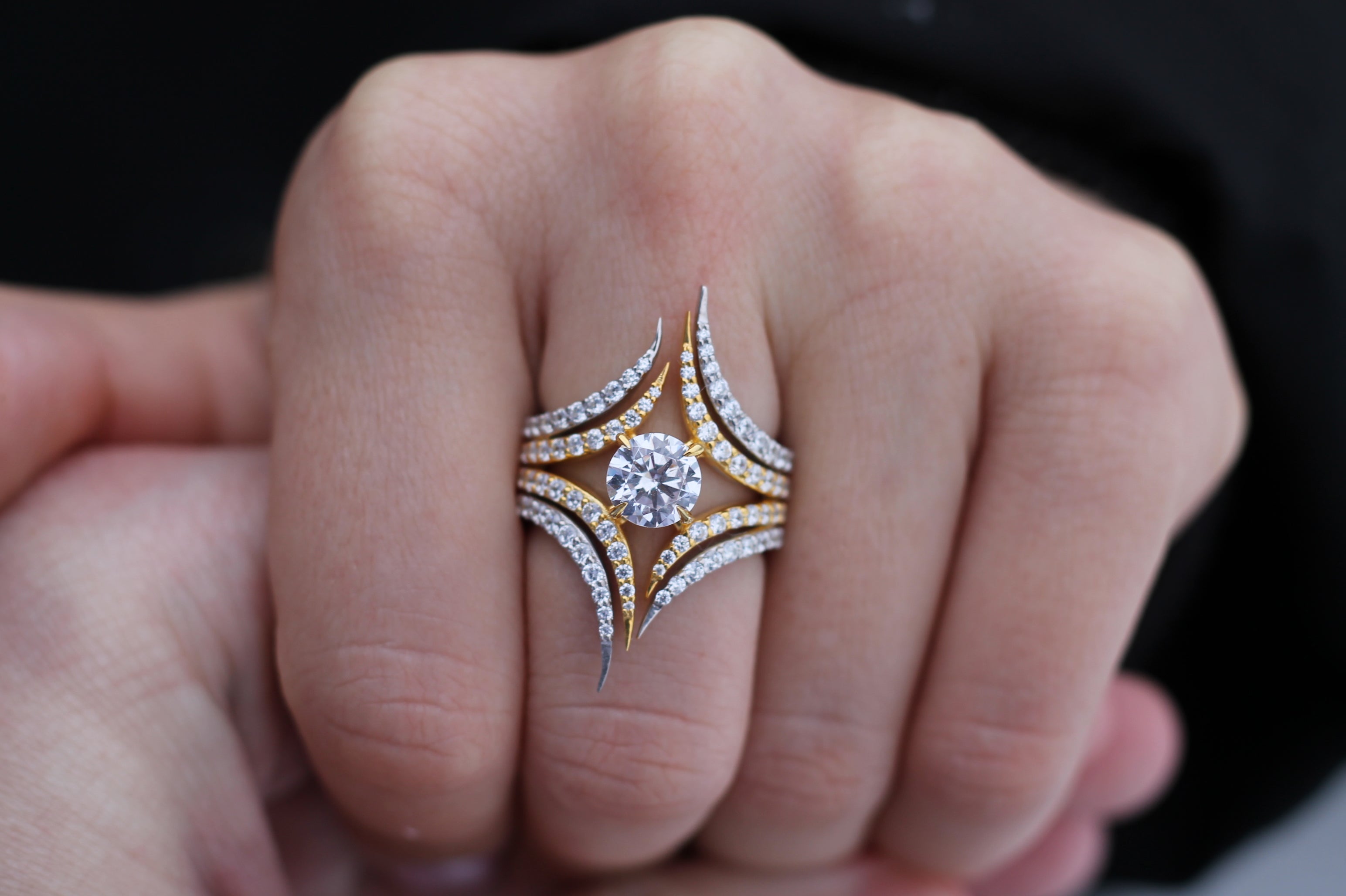 1 Carat Round Cut Center Diamond Two Color Spike Ring | 14k White & Yellow Gold | Statement Ring