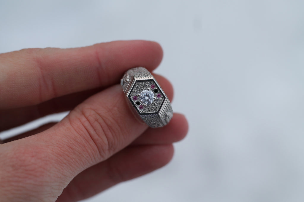 1 Carat Round Diamond "Knight" Ring | 14k White Gold | Statement Ring