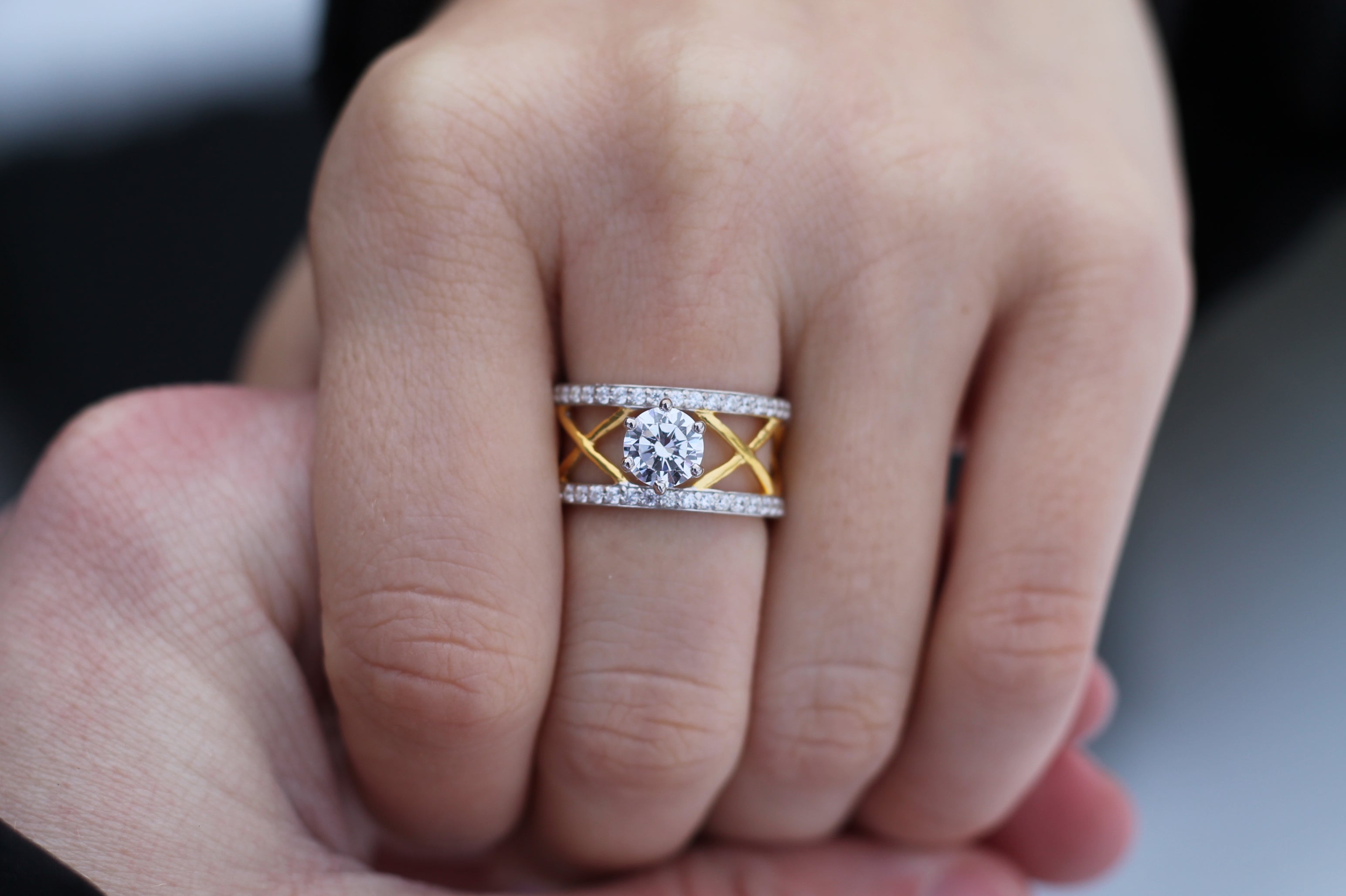 1 Carat Round Cut Center Diamond Two Color "Mesh" Ring | 14k White & Yellow Gold | Statement Engagement Ring
