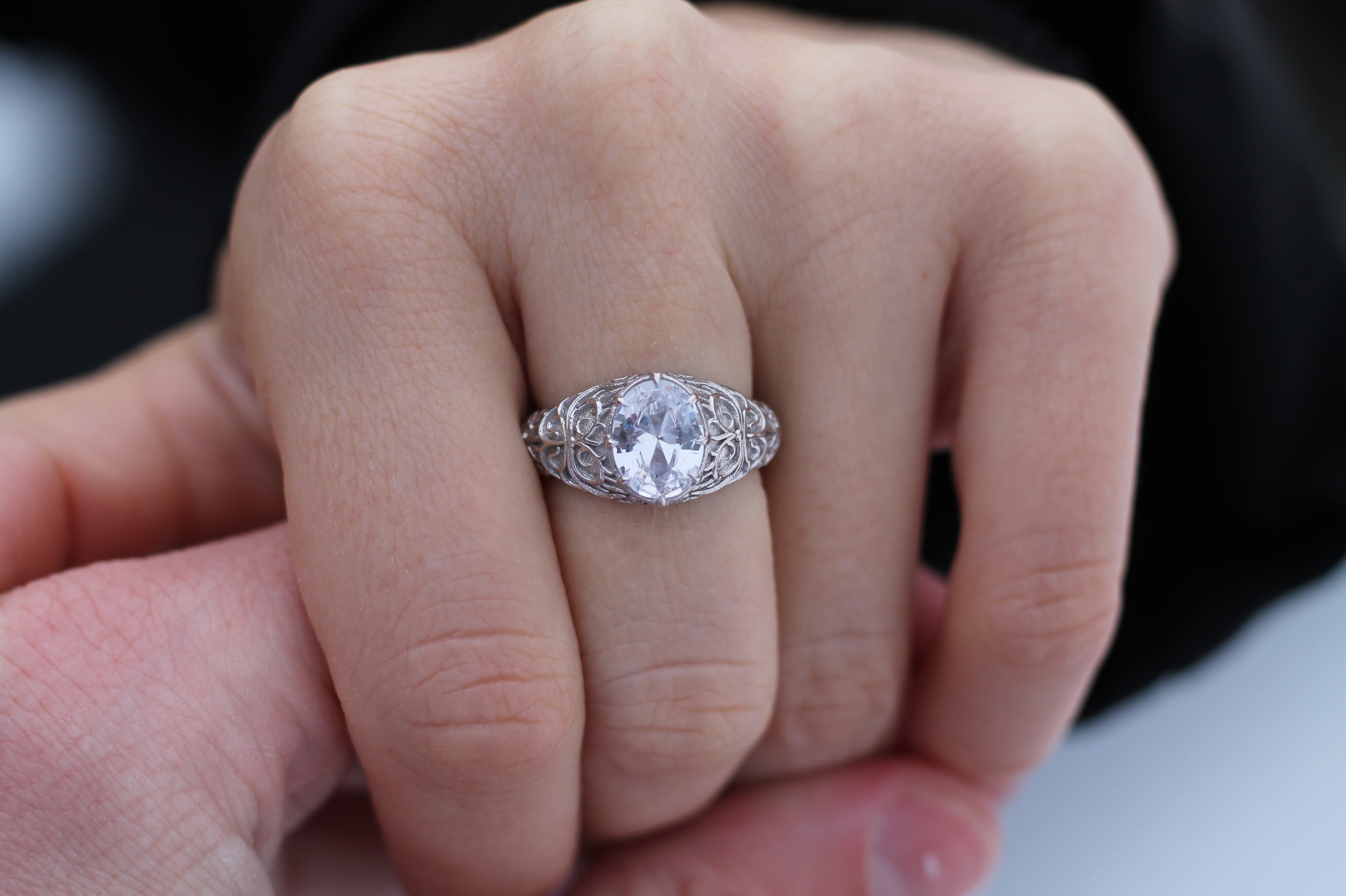 1 Carat Oval Cut Diamond Pattern Ring | 14k White Gold | Engagement Signet Style Ring