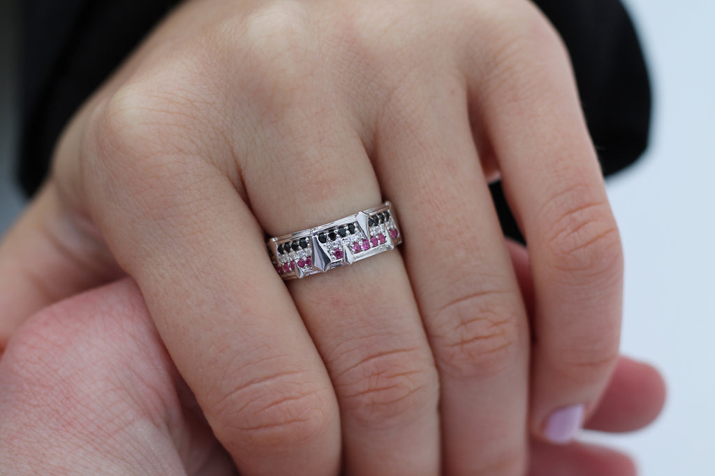 Ruby & Diamond Triple Color Spike Band Ring | 14k White Gold | Wedding Band