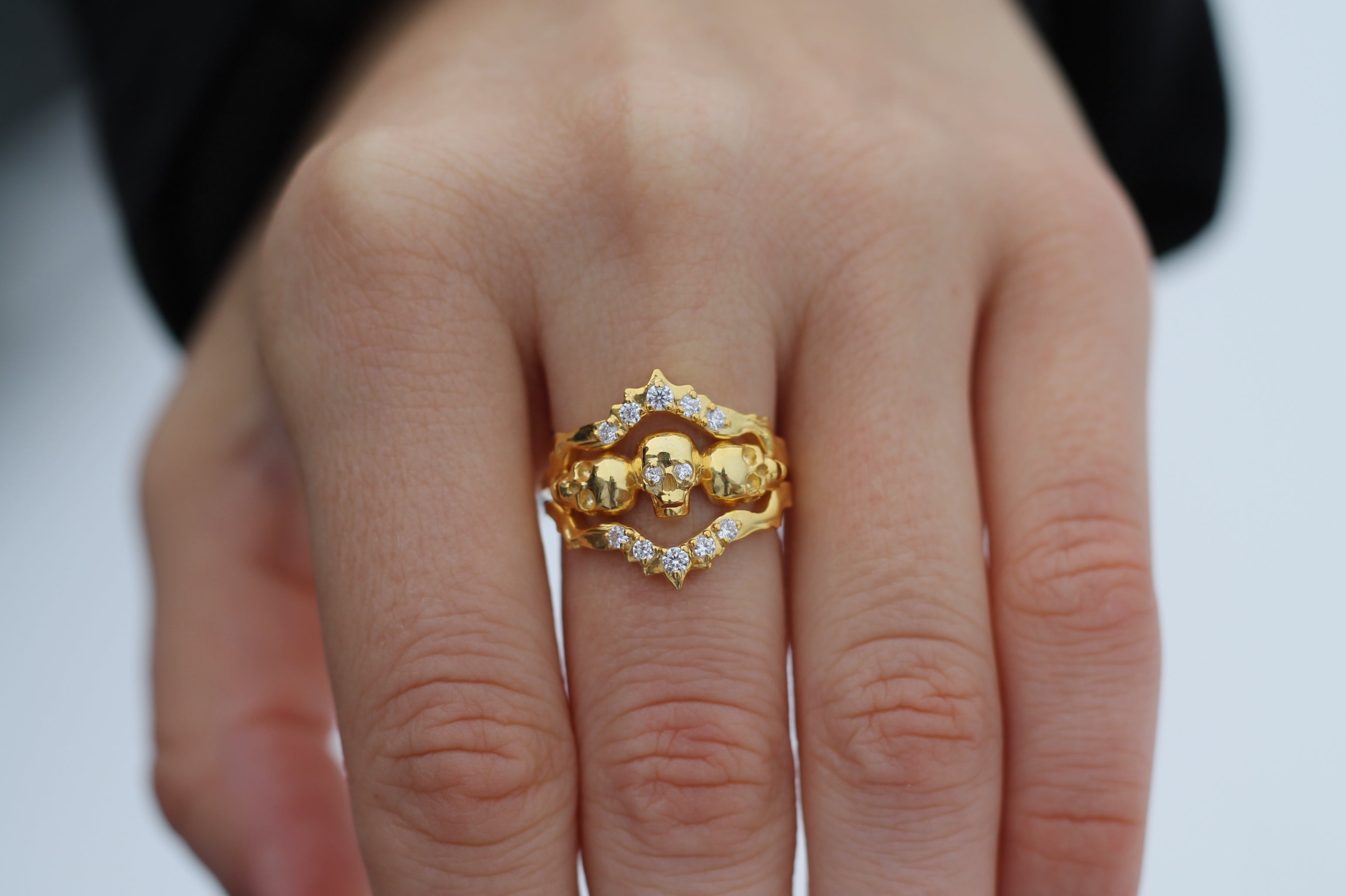 14k Yellow Gold Triple Skull Ring | Statement Ring