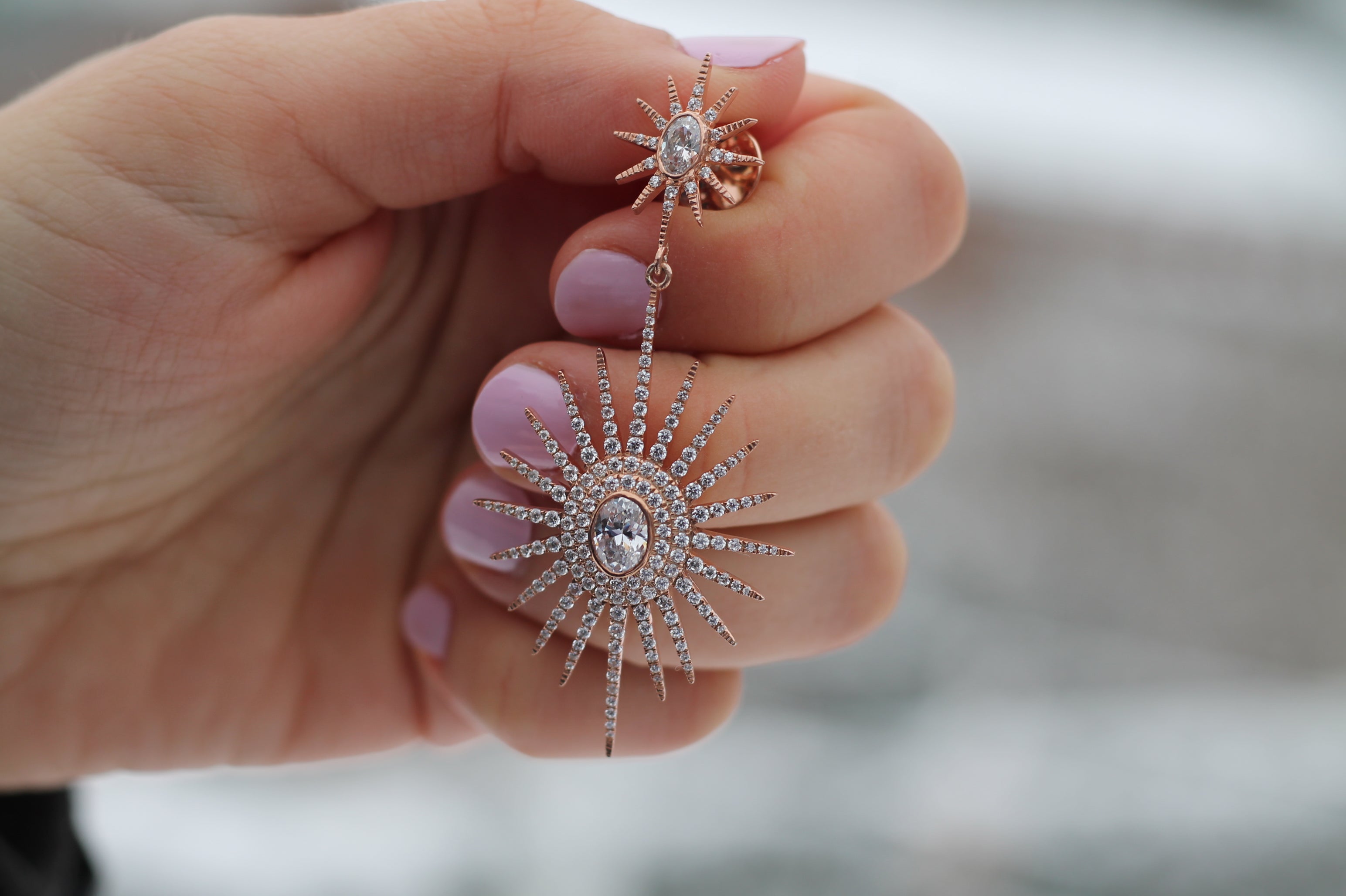 3 Carat Oval Cut Diamonds Sunray Earrings | 14k Rose Gold