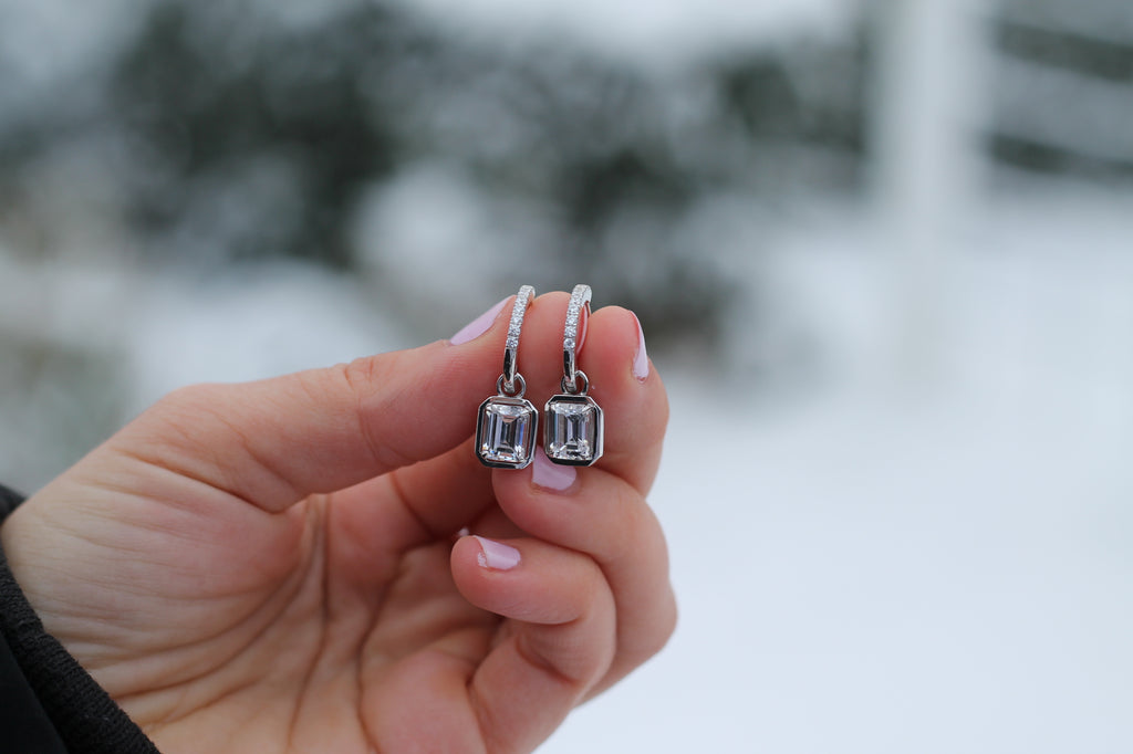 2 Carat Emerald Cut Diamond Drop Earrings | 14k White Gold