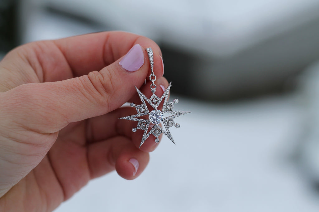 1 Carat Round Diamond Snowflake Earrings | 14k White Gold