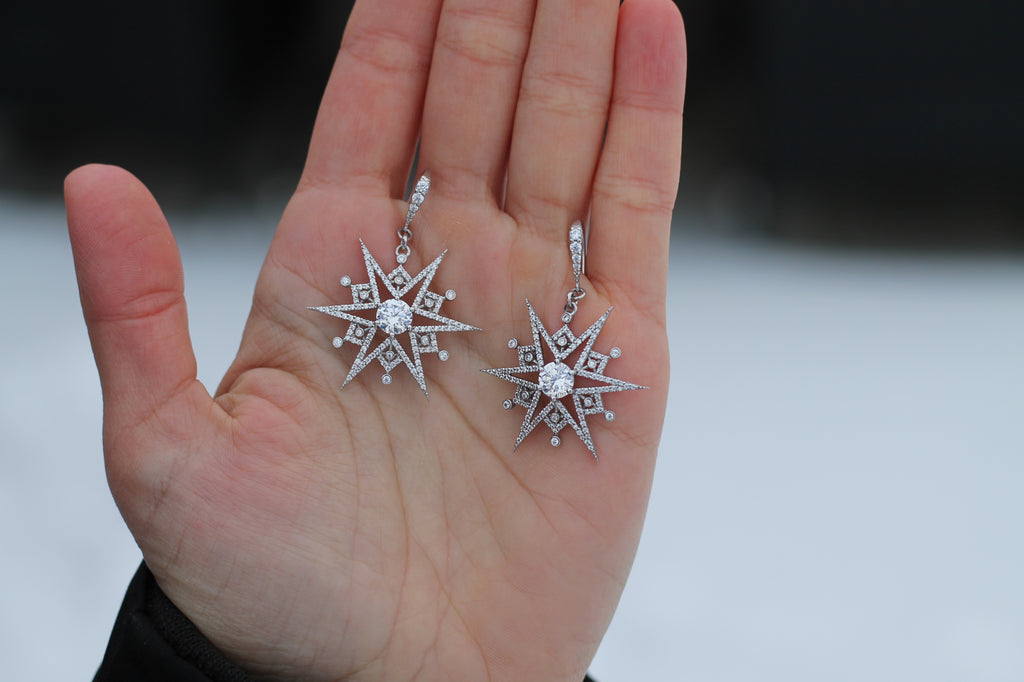1 Carat Round Diamond Snowflake Earrings | 14k White Gold