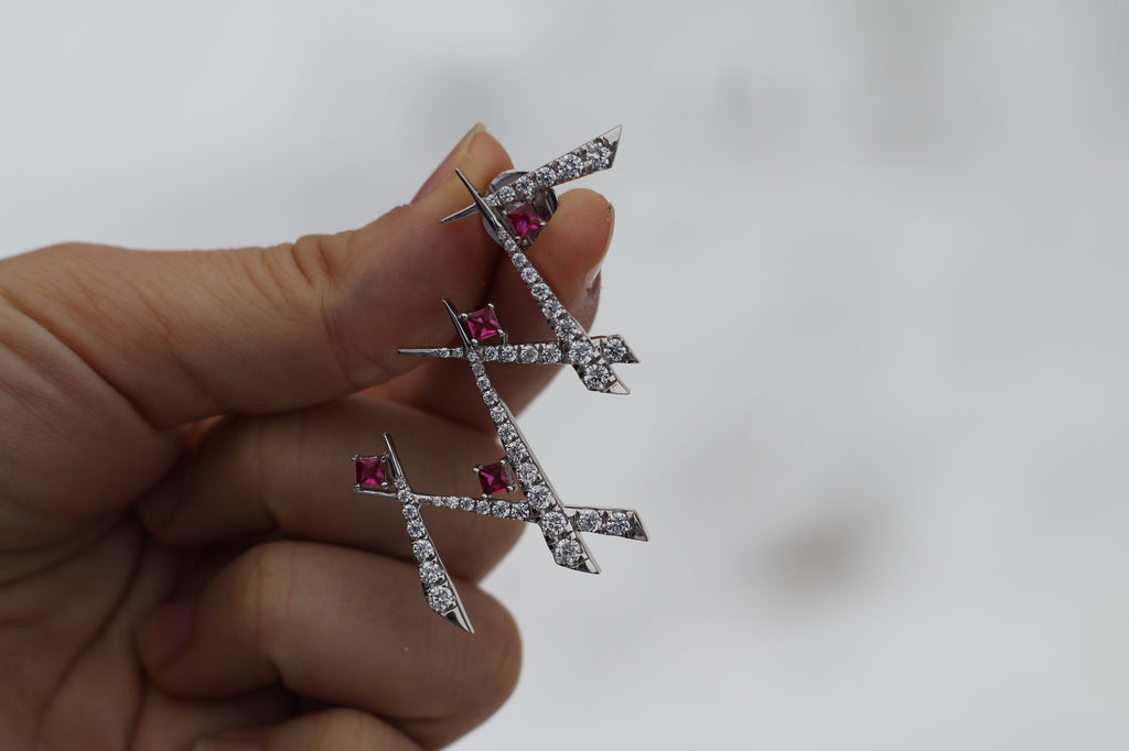 Diamond & Ruby Shards Earrings | 14k White Gold