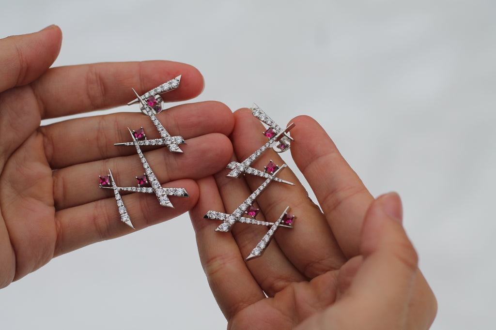 Diamond & Ruby Shards Earrings | 14k White Gold
