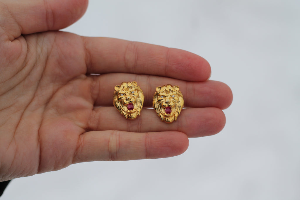 Diamond & Ruby Lion Earrings | 14k Yellow Gold