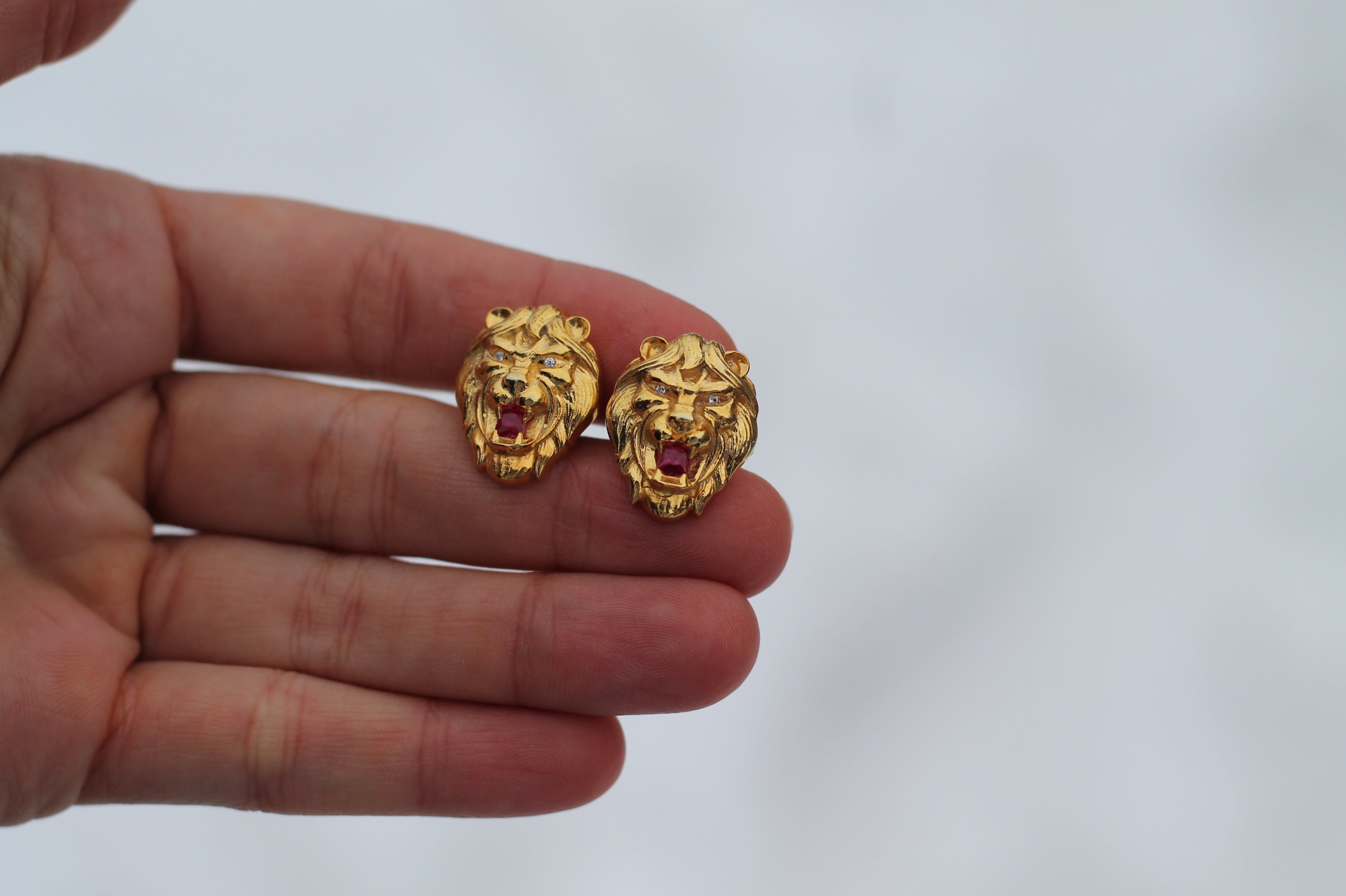 Diamond & Ruby Lion Earrings | 14k Yellow Gold