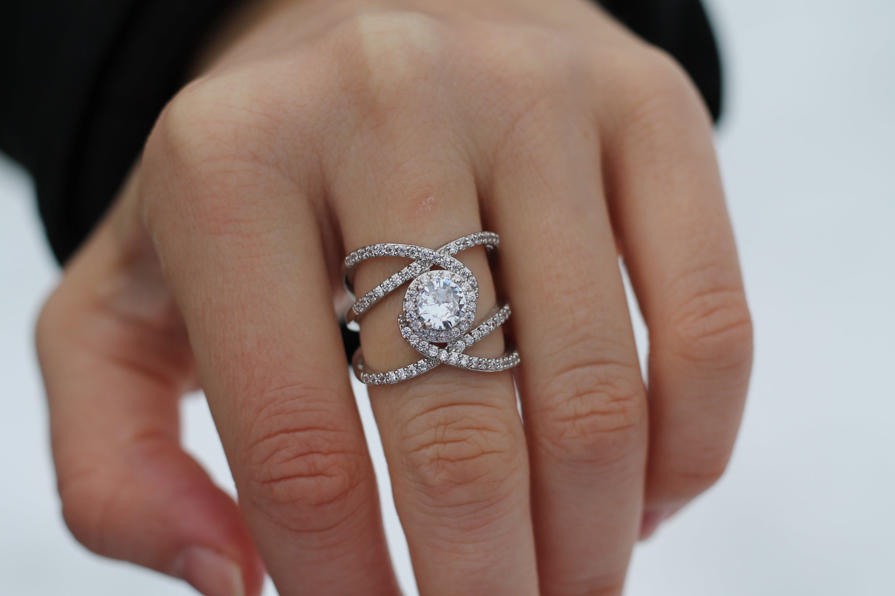 1 Carat Round Cut Center Diamond "Strings" Ring | 14k White Gold | Statement Ring