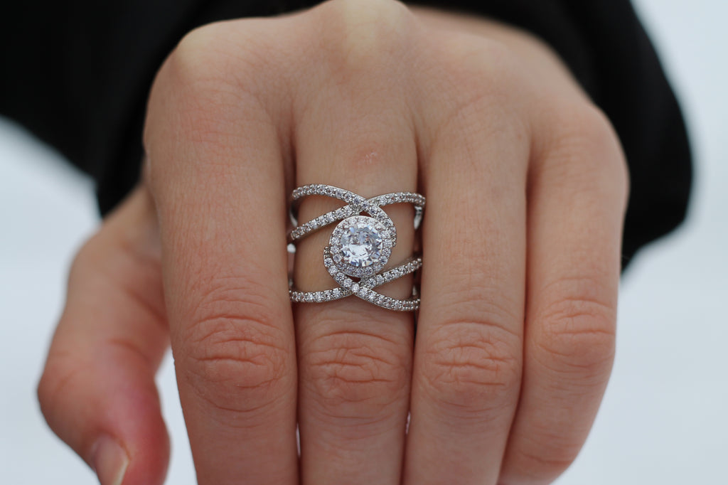 1 Carat Round Cut Center Diamond "Strings" Ring | 14k White Gold | Statement Ring