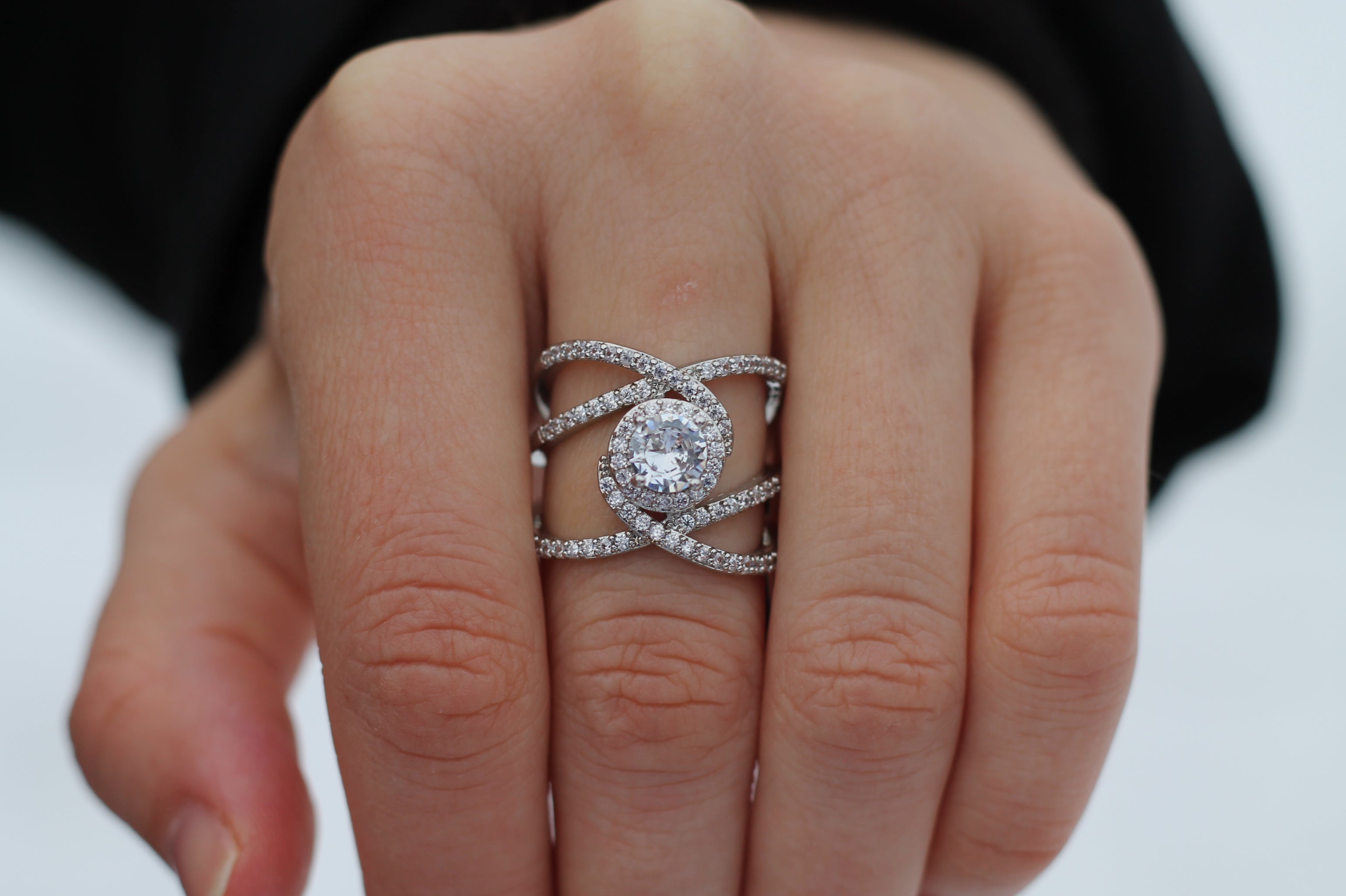 1 Carat Round Cut Center Diamond "Strings" Ring | 14k White Gold | Statement Ring