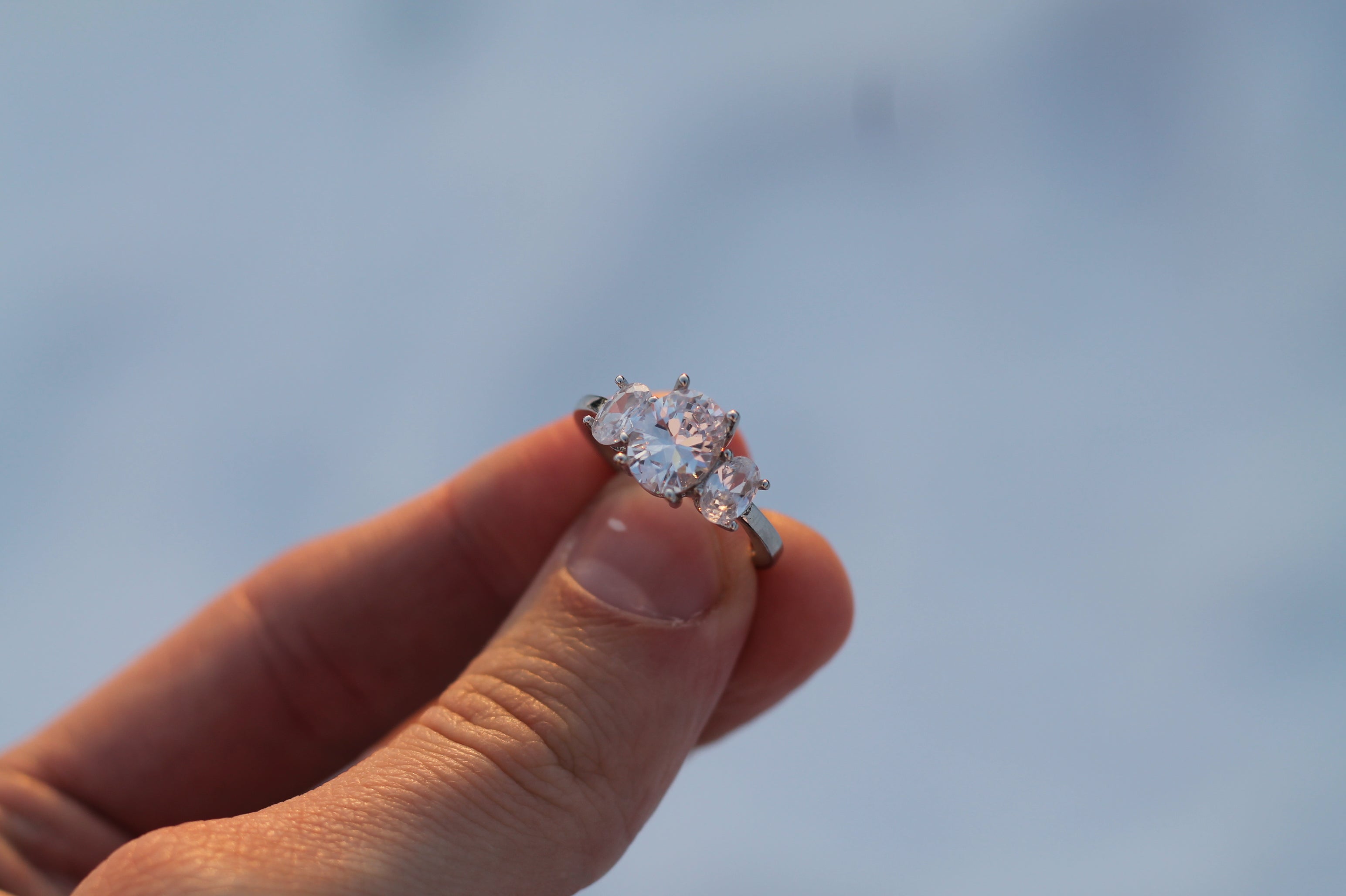 1 Carat Center Oval Cut Triple Stone Ring | 14k White Gold | Engagement Ring