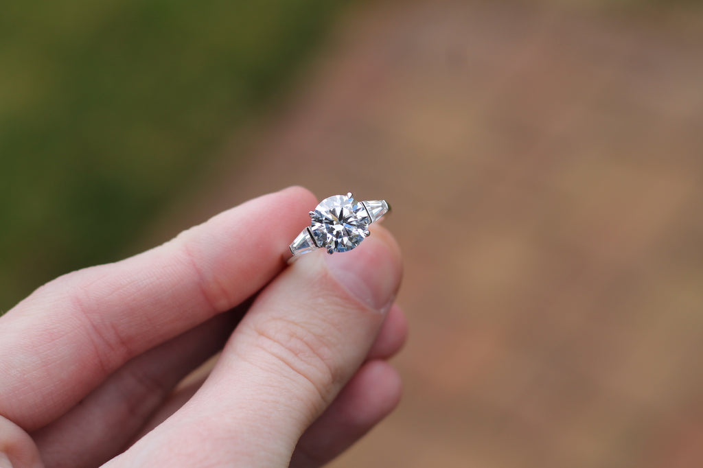 1 Carat Round Cut Diamond Center With Tapered Baguette Sides Ring | 14k White Gold | Engagement Ring