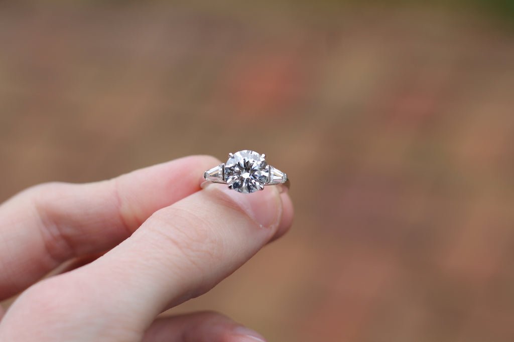 1 Carat Round Cut Diamond Center With Tapered Baguette Sides Ring | 14k White Gold | Engagement Ring