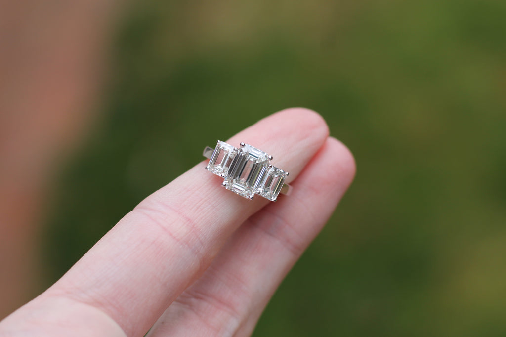 2 Carat Emerald Cut Diamond Triple Stone Ring | 14k White Gold | Engagement Ring