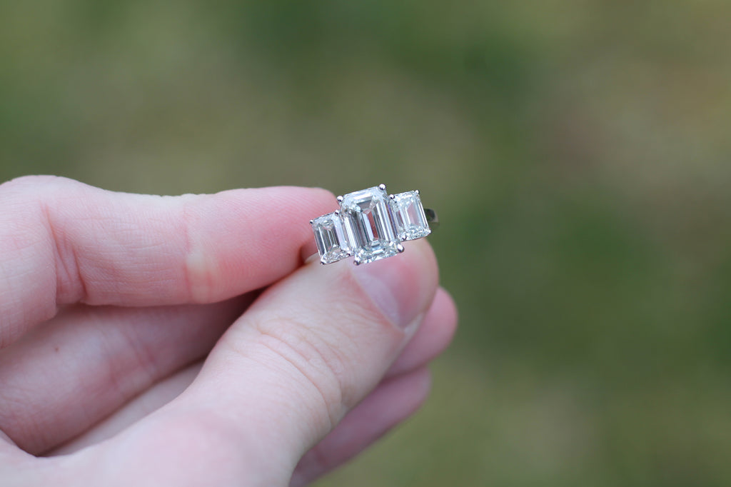 2 Carat Emerald Cut Diamond Triple Stone Ring | 14k White Gold | Engagement Ring