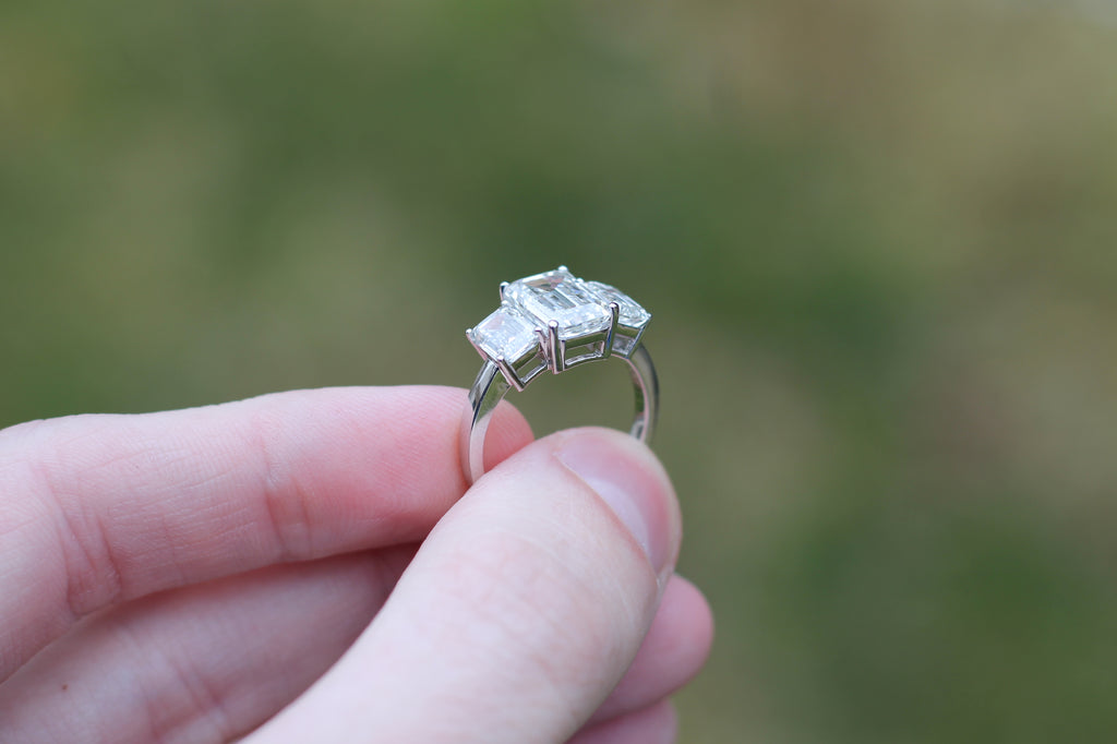 2 Carat Emerald Cut Diamond Triple Stone Ring | 14k White Gold | Engagement Ring