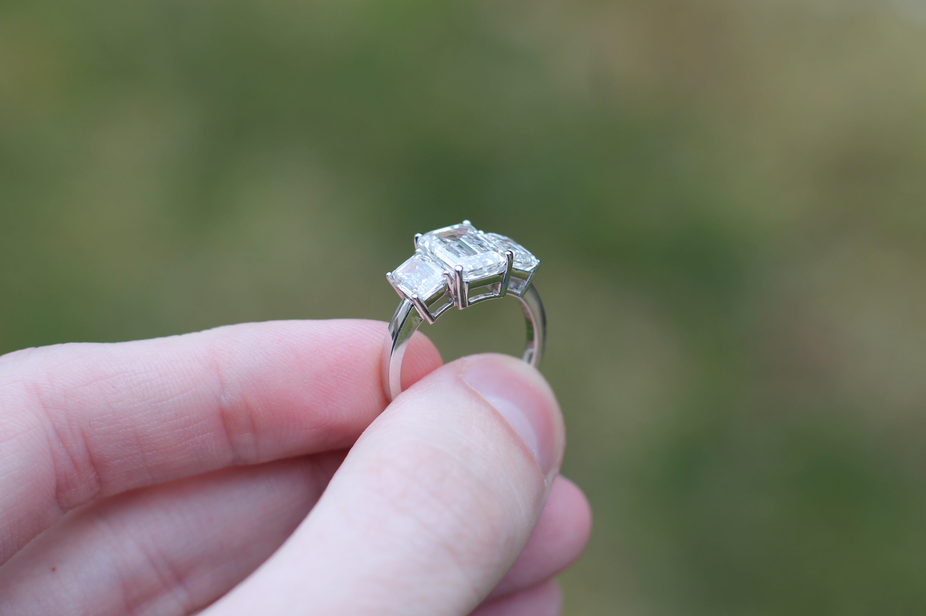 2 Carat Emerald Cut Diamond Triple Stone Ring | 14k White Gold | Engagement Ring