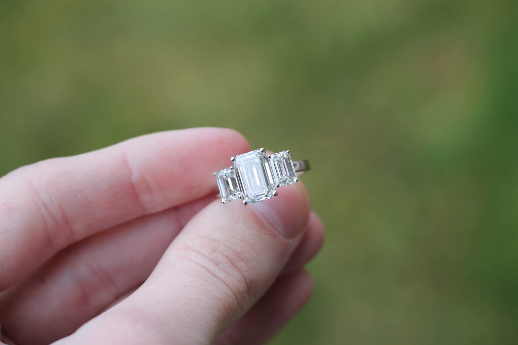2 Carat Emerald Cut Diamond Triple Stone Ring | 14k White Gold | Engagement Ring