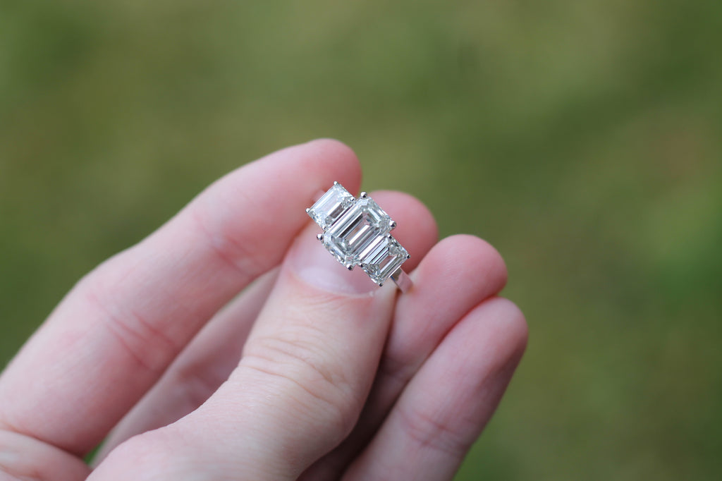 2 Carat Emerald Cut Diamond Triple Stone Ring | 14k White Gold | Engagement Ring
